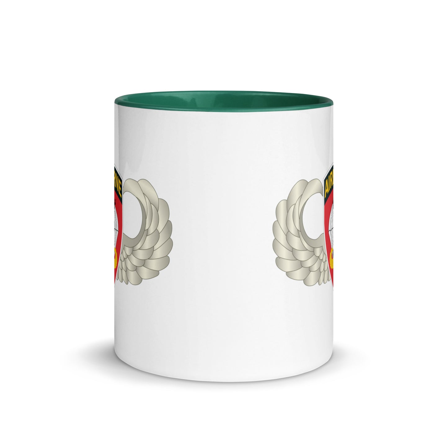  "Ceramic mug with dark green interior featuring 555th Parachute Infantry Battalion SSI, center view"
