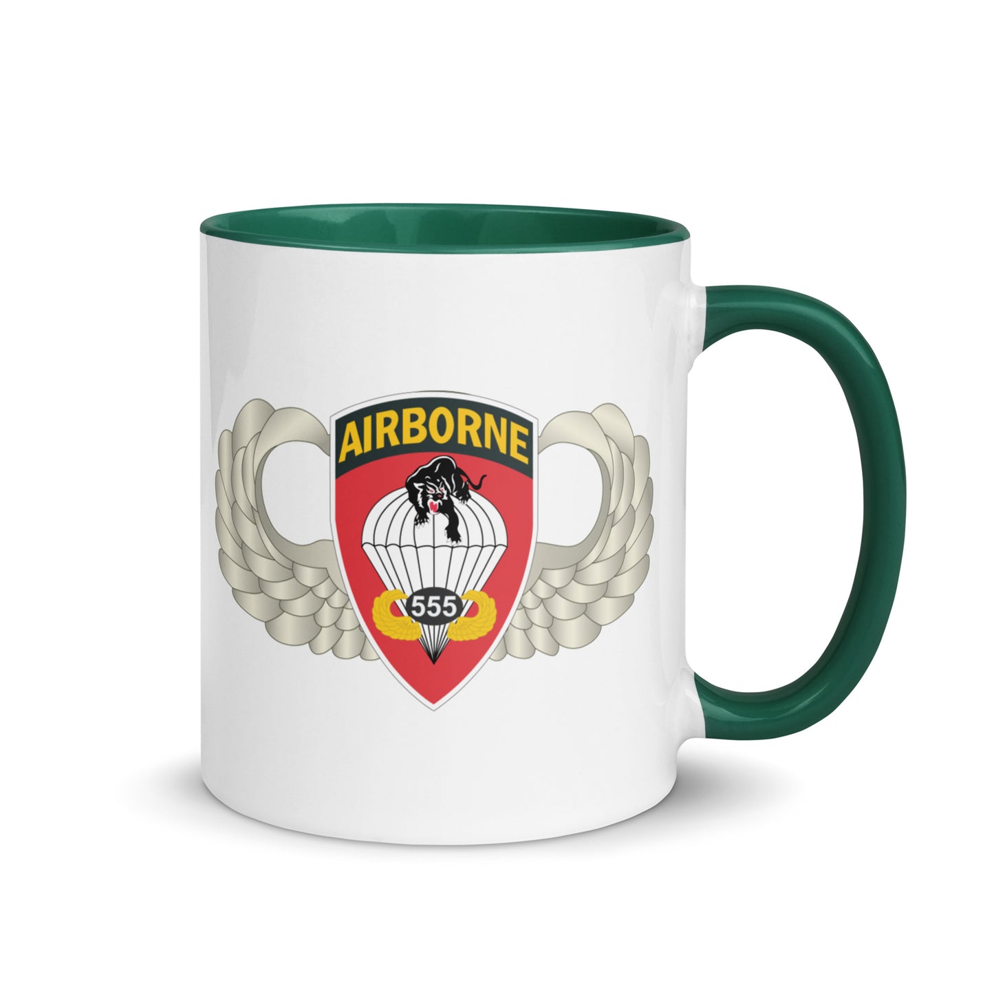  "Ceramic mug with dark green interior featuring 555th Parachute Infantry Battalion SSI, rear view" 