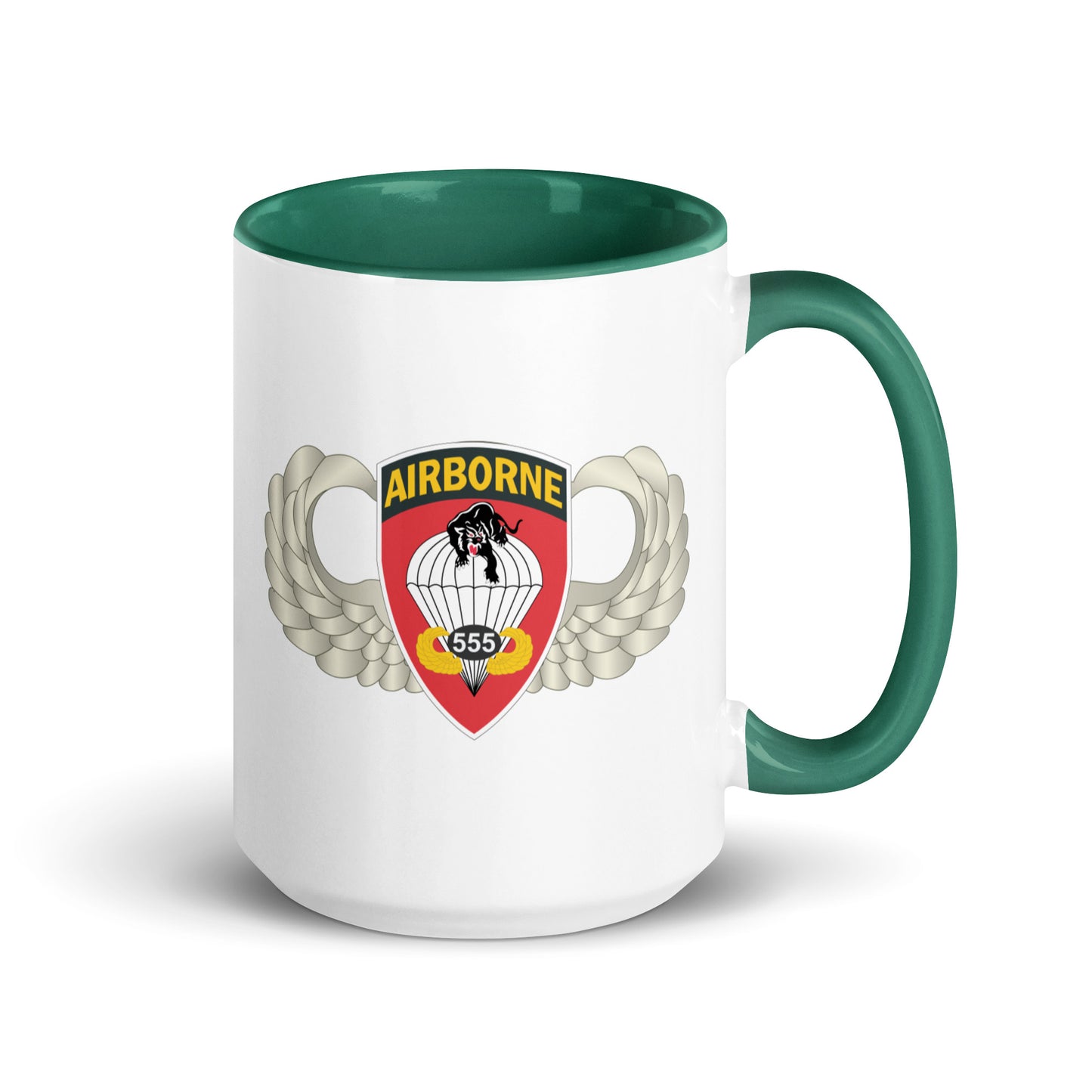  "Ceramic mug with dark green interior featuring 555th Parachute Infantry Battalion SSI, rear view"