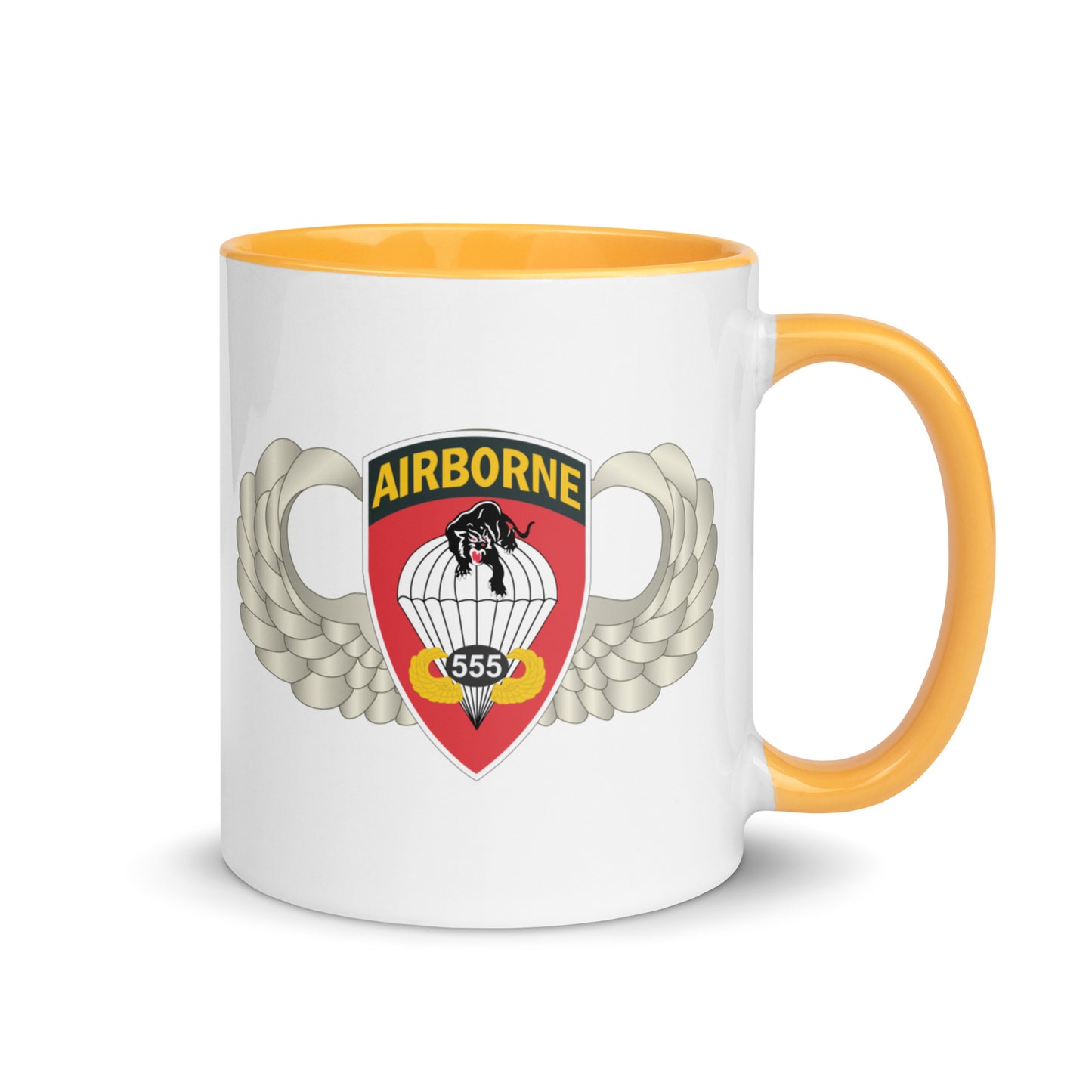  "Ceramic mug with golden yellow interior featuring 555th Parachute Infantry Battalion SSI, rear view"