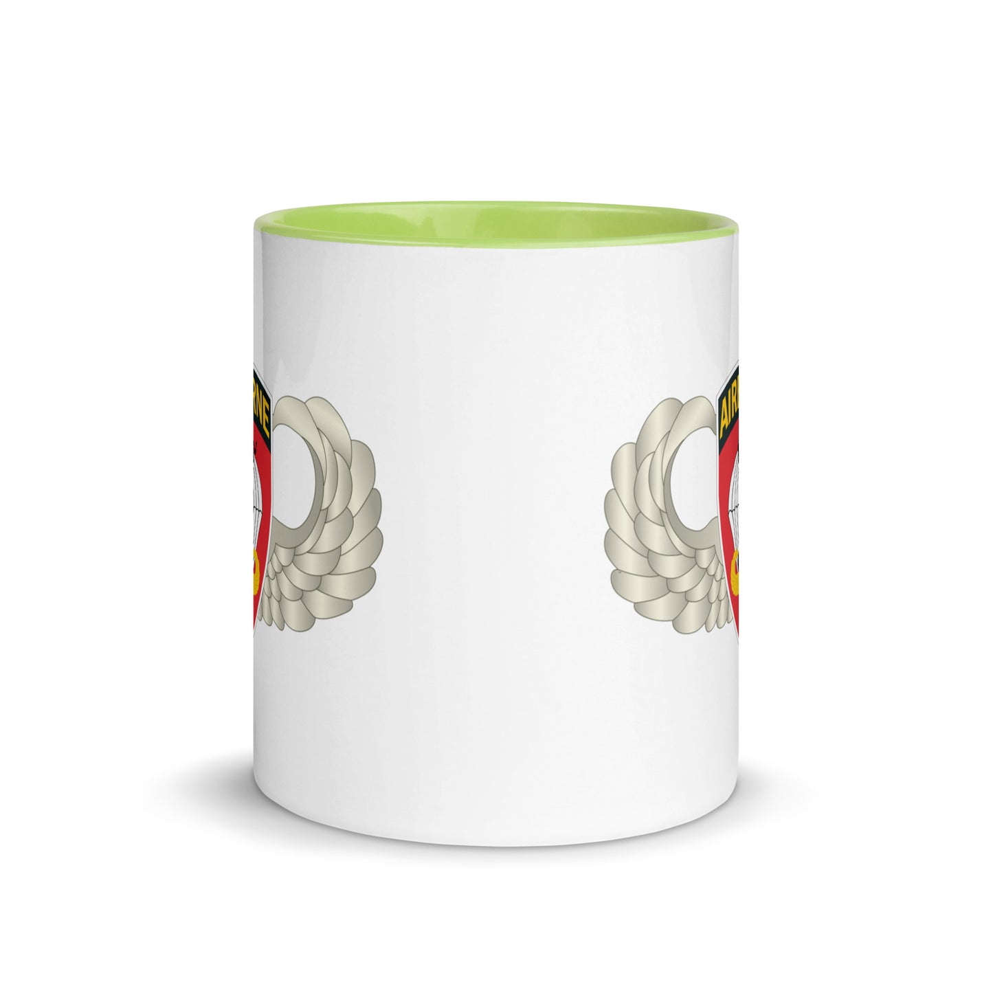  "Ceramic mug with green interior featuring 555th Parachute Infantry Battalion SSI, center view"