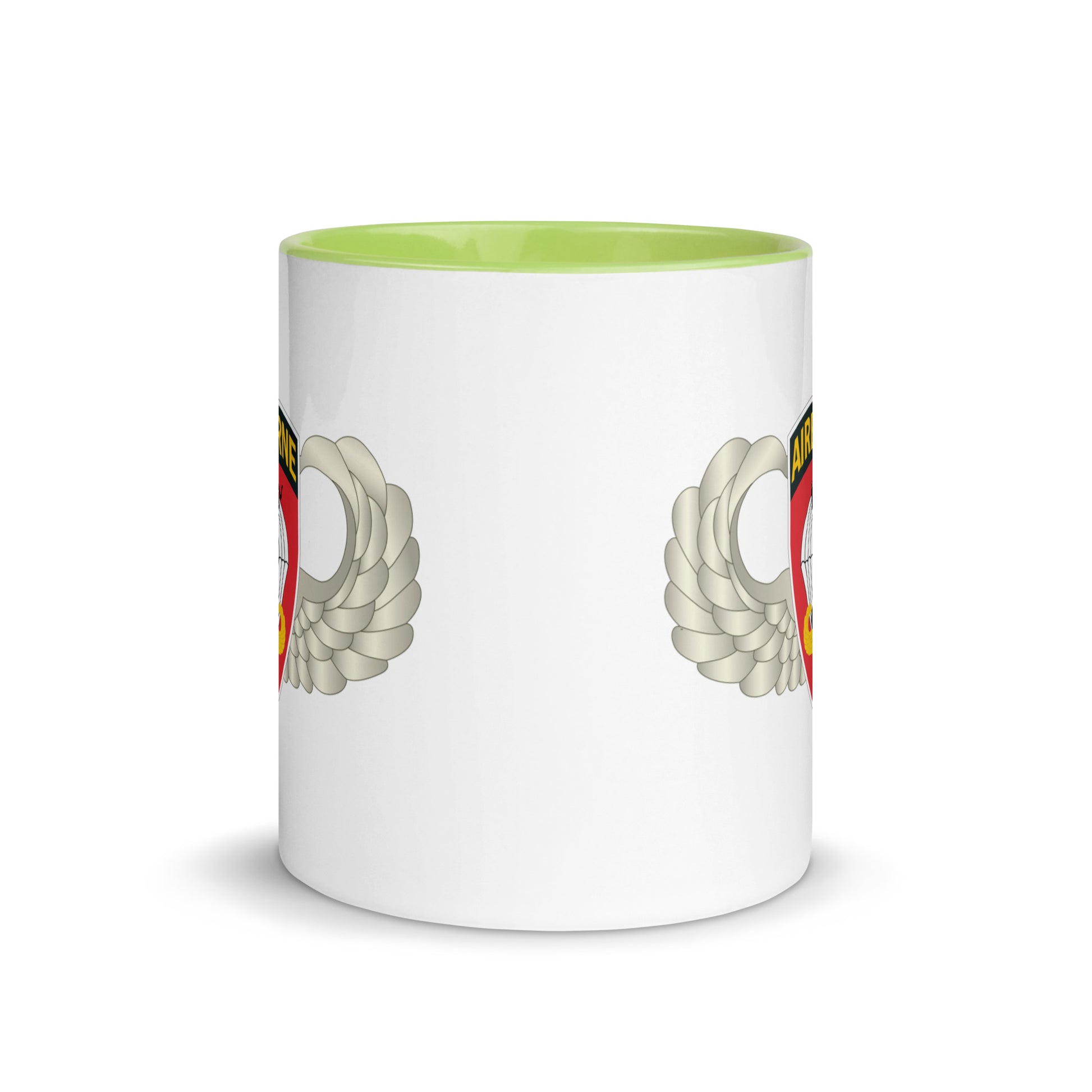  "Ceramic mug with green interior featuring 555th Parachute Infantry Battalion SSI, center view"