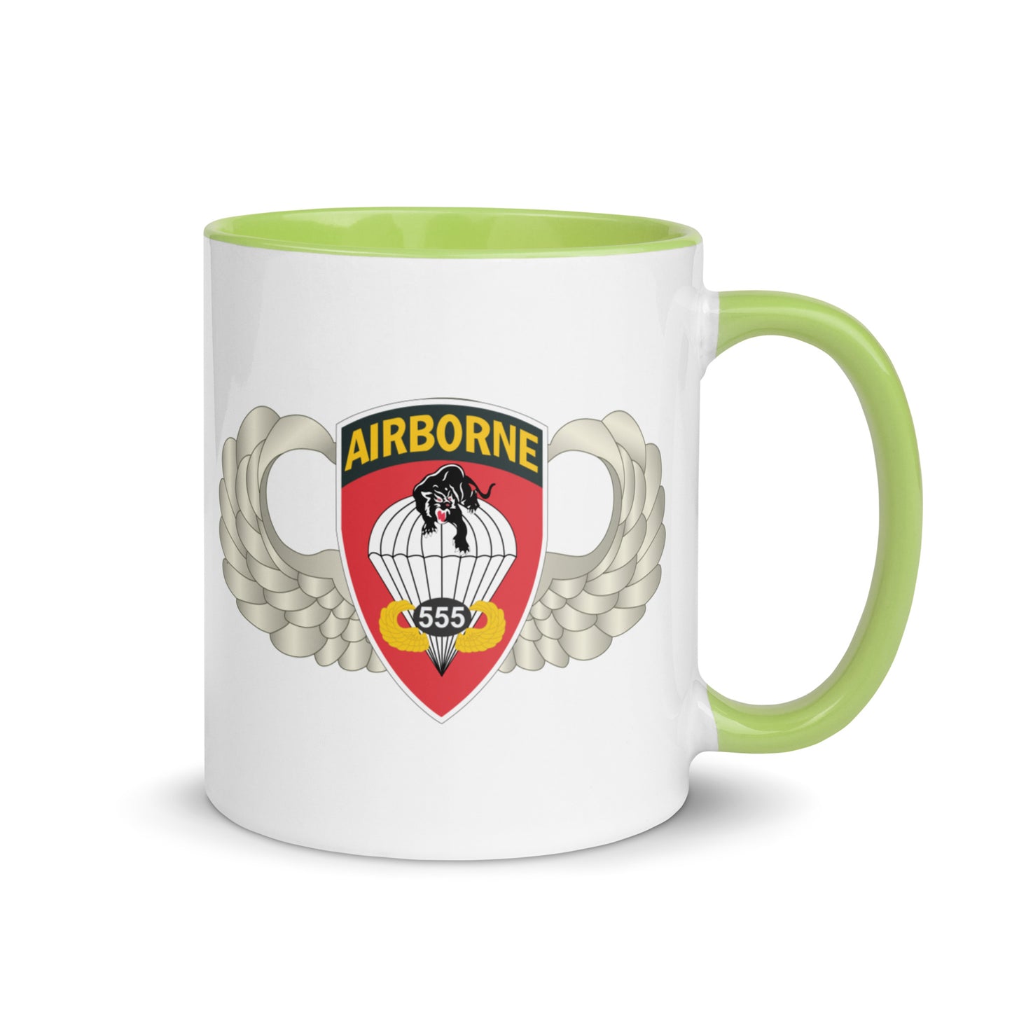  "Ceramic mug with green interior featuring 555th Parachute Infantry Battalion SSI, rear view"