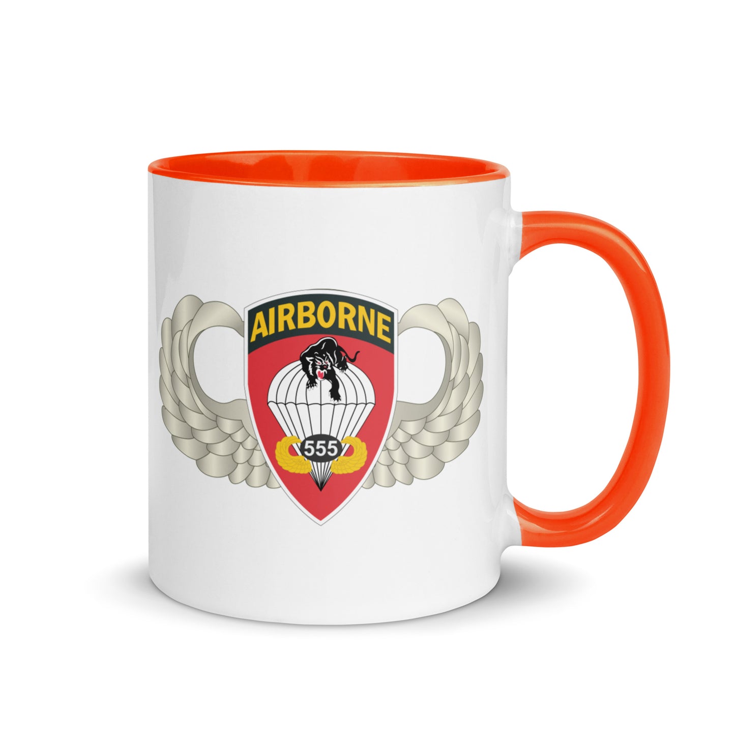  "Ceramic mug with orrange interior featuring 555th Parachute Infantry Battalion SSI, rear view"