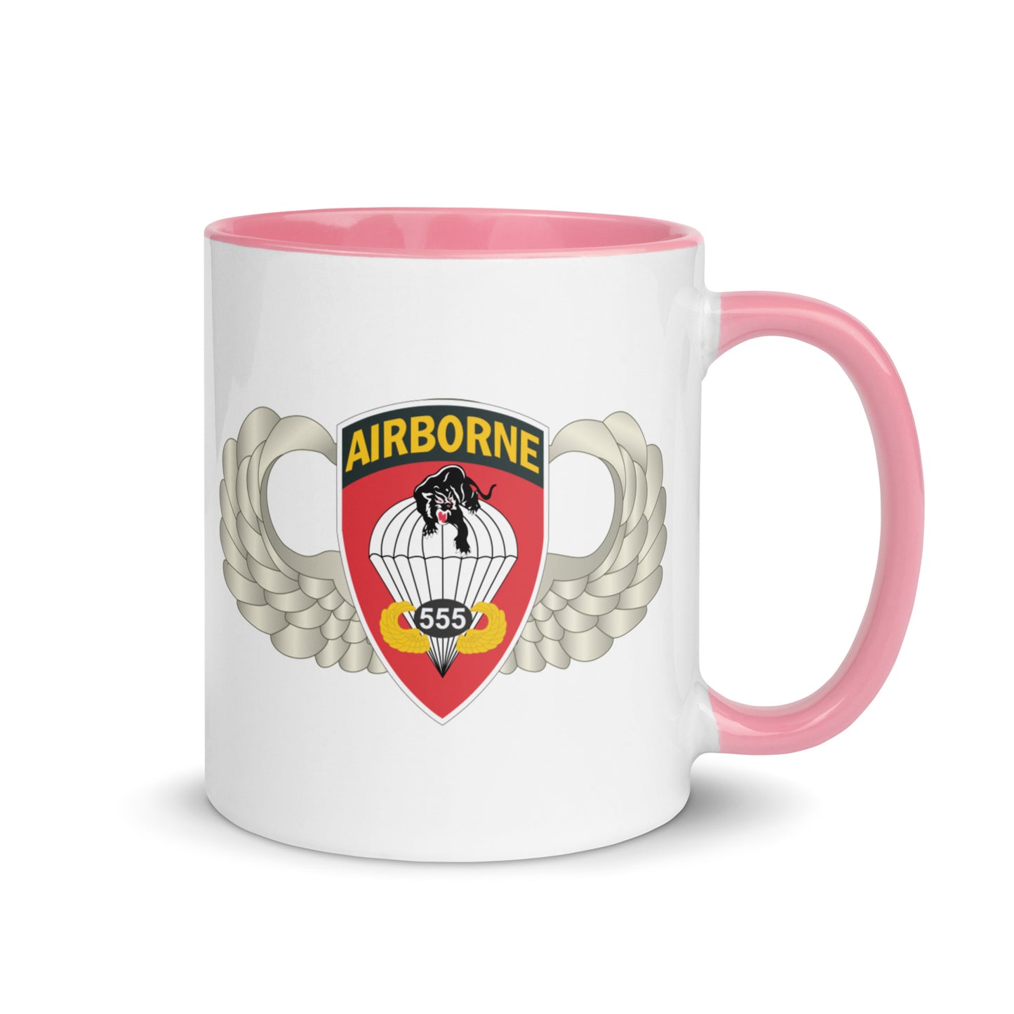  "Ceramic mug with pink interior featuring 555th Parachute Infantry Battalion SSI, rear view"