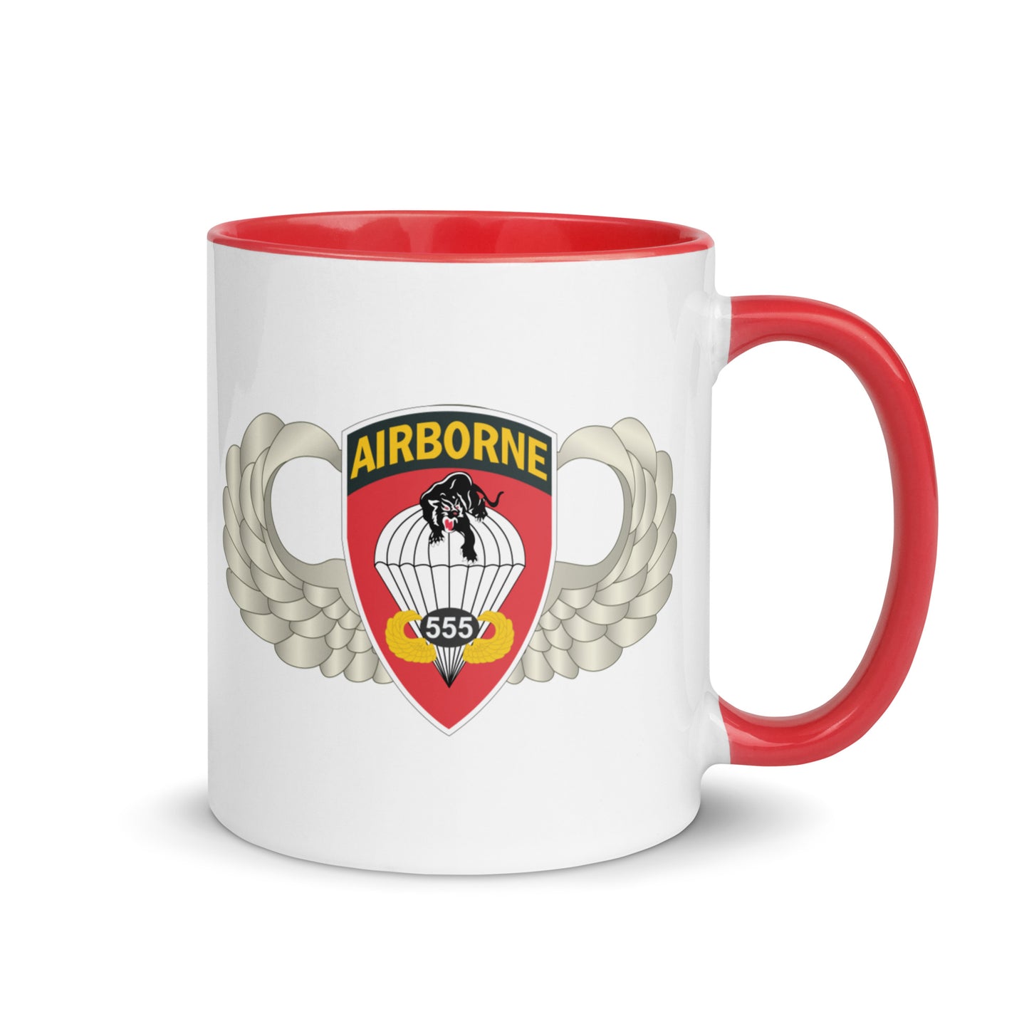  "Ceramic mug with ed interior featuring 555th Parachute Infantry Battalion SSI, rear view"