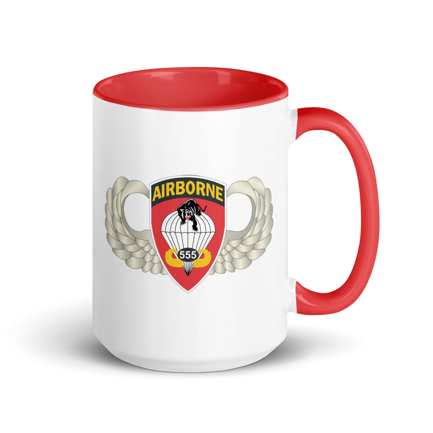 "Ceramic mug with red interior featuring 555th Parachute Infantry Battalion SSI, rear view"
